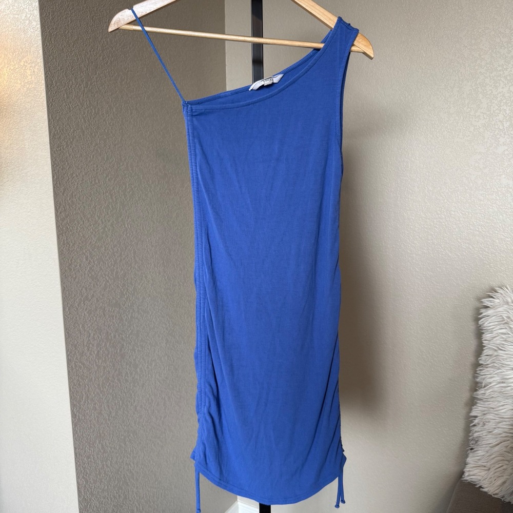 BB Dakota One Shoulder Bodycon Dress Ruched Drawstring Blue‎ Size M